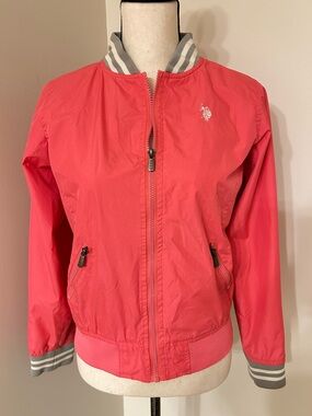 U.S. Polo Assn. Pink Windbreaker Bomber Jacket Women’s Gray Stripe Trim SZ M